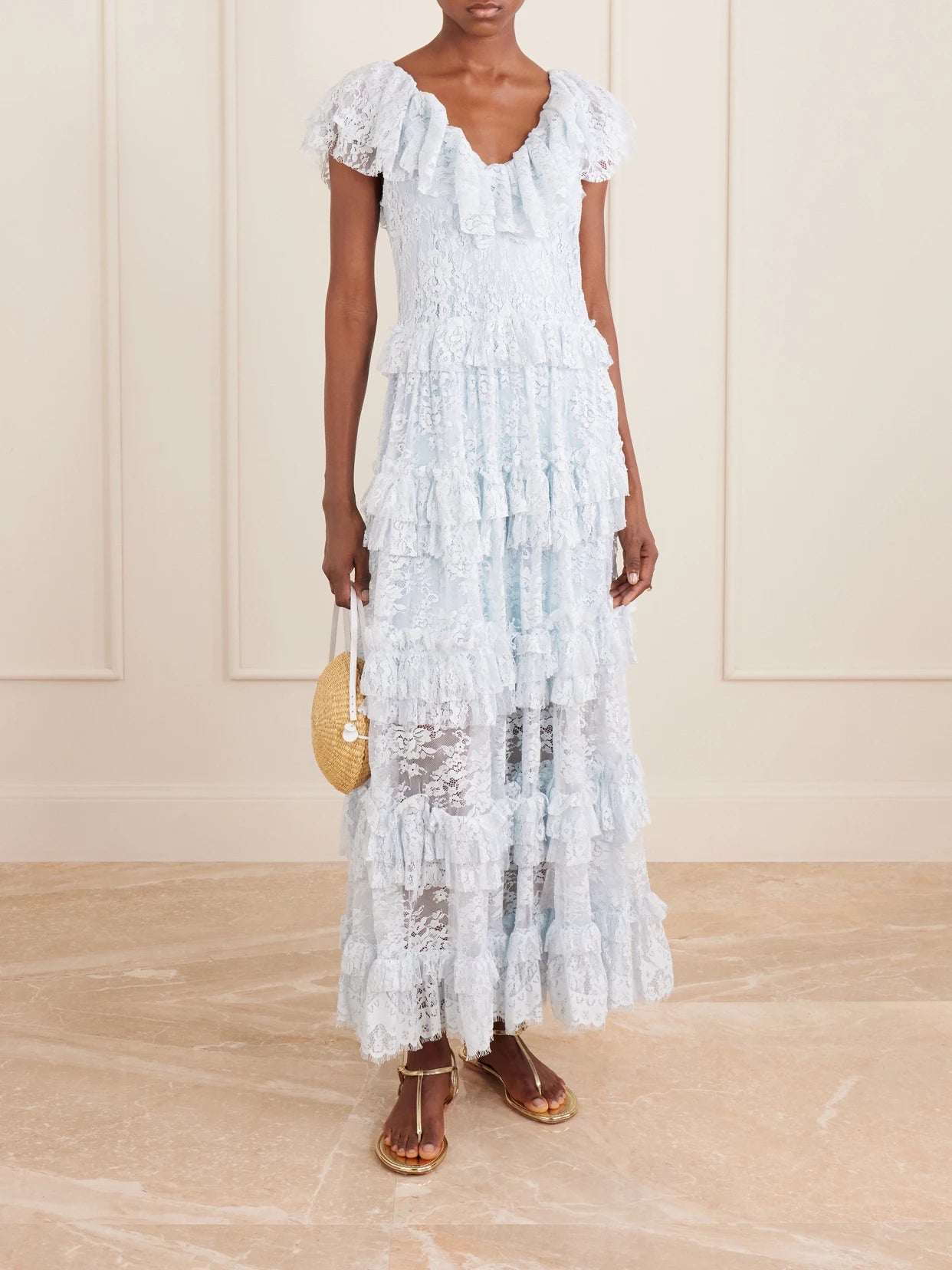 Image of Dresses. Product name - Sharleen Ruffled Lace Maxi Dress in Sky blue colour by brand - Sea