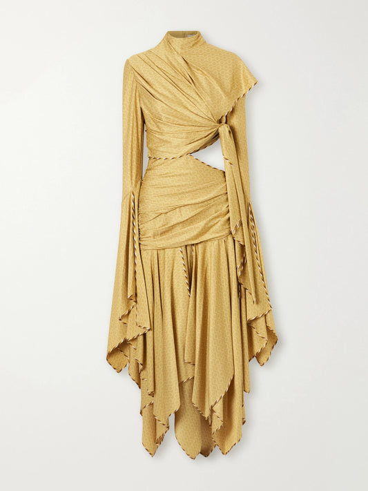 Zimmermann Valiant Asymmetric Knotted Draped Printed Silk-blend Twill Turtleneck Maxi Dress