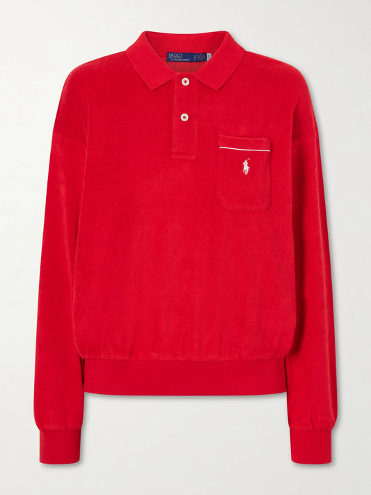 Image of Sleepwear & Loungewear. Product name - Embroidered Cotton-blend Terry Polo Sweater in x small colour by brand - Polo Ralph Lauren