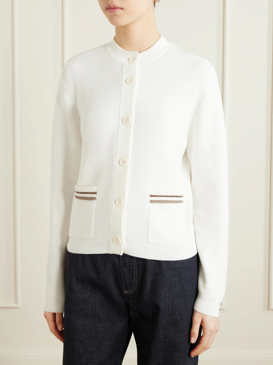 Bead-embellished Ribbed Cotton Cardigan