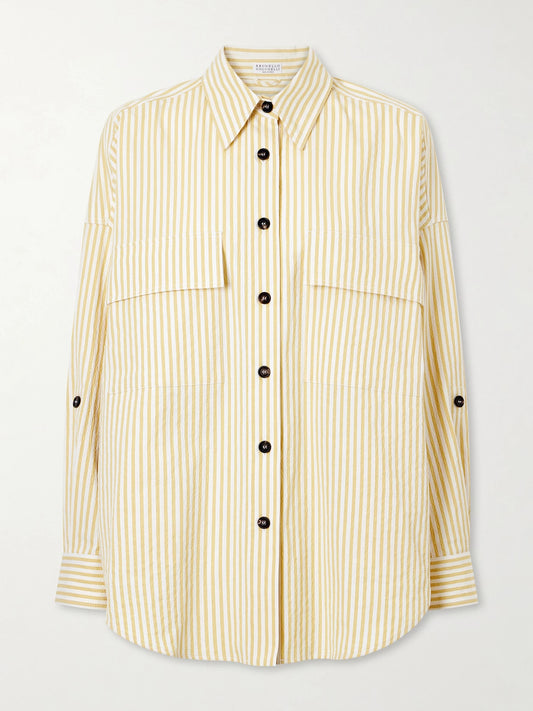 Image of a model wearing Tops. Product name - Striped Printed Cotton-blend Shirt in Sand colour by brand - Brunello Cucinelli