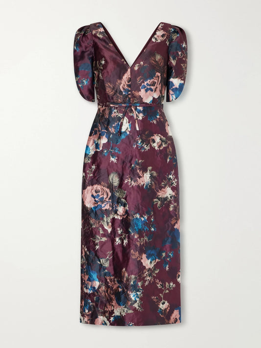 Erdem Belted Floral-print Crinkled Satin Midi Dress