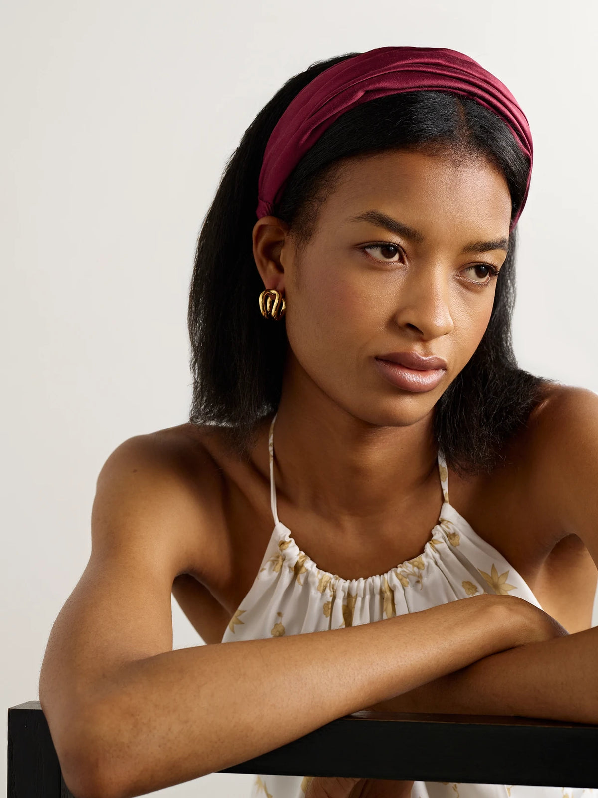Image of Accessories. Product name - Sabrina Ruched Satin Headband in Red colour by brand - Jennifer Behr