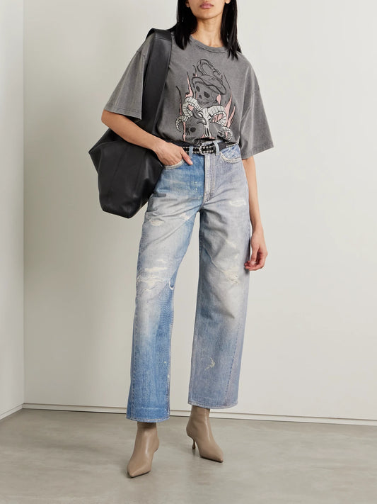 Image of Jeans. Product name - Two-tone Printed Boyfriend Jeans in Blue colour by brand - Our Legacy
