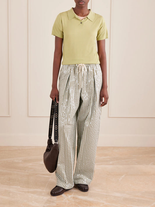 Image of a model wearing Pants. Product name - Pj Sequin-trimmed Striped Cotton-blend Wide-leg Drawstring Pants in Multi colour by brand - TWP