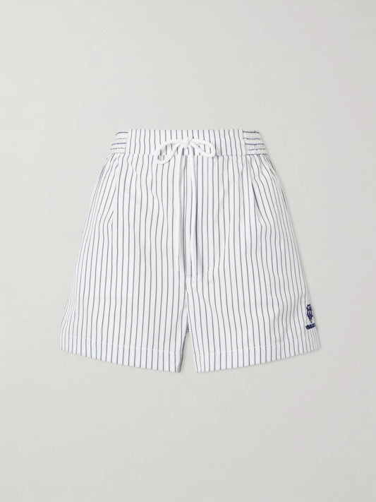 Image of a model wearing Shorts. Product name - + Wimbledon Logo-embroidered Striped Cotton Shorts in Blue colour by brand - Polo Ralph Lauren