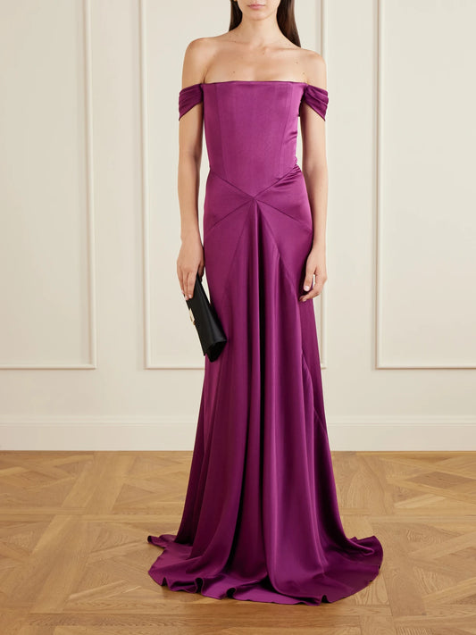 Image of Dresses. Product name - Satin Off-the-shoulder Gown in Purple colour by brand - Alex Perry