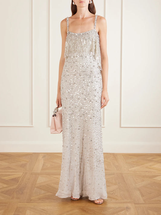 Image of Dresses. Product name - Iris Embellished Cape-effect Georgette Gown in Silver colour by brand - Jenny Packham