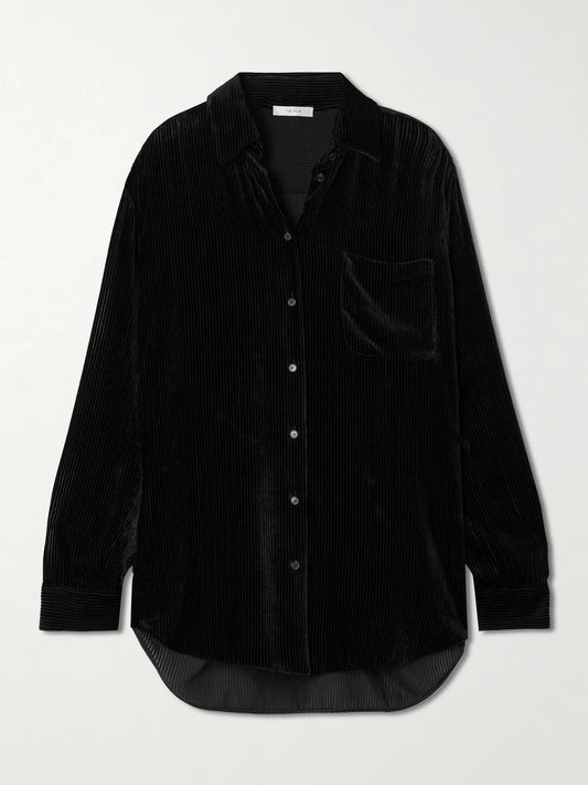 Image of a model wearing Tops. Product name - Gavina Ribbed Velvet Shirt in Black colour by brand - The Row