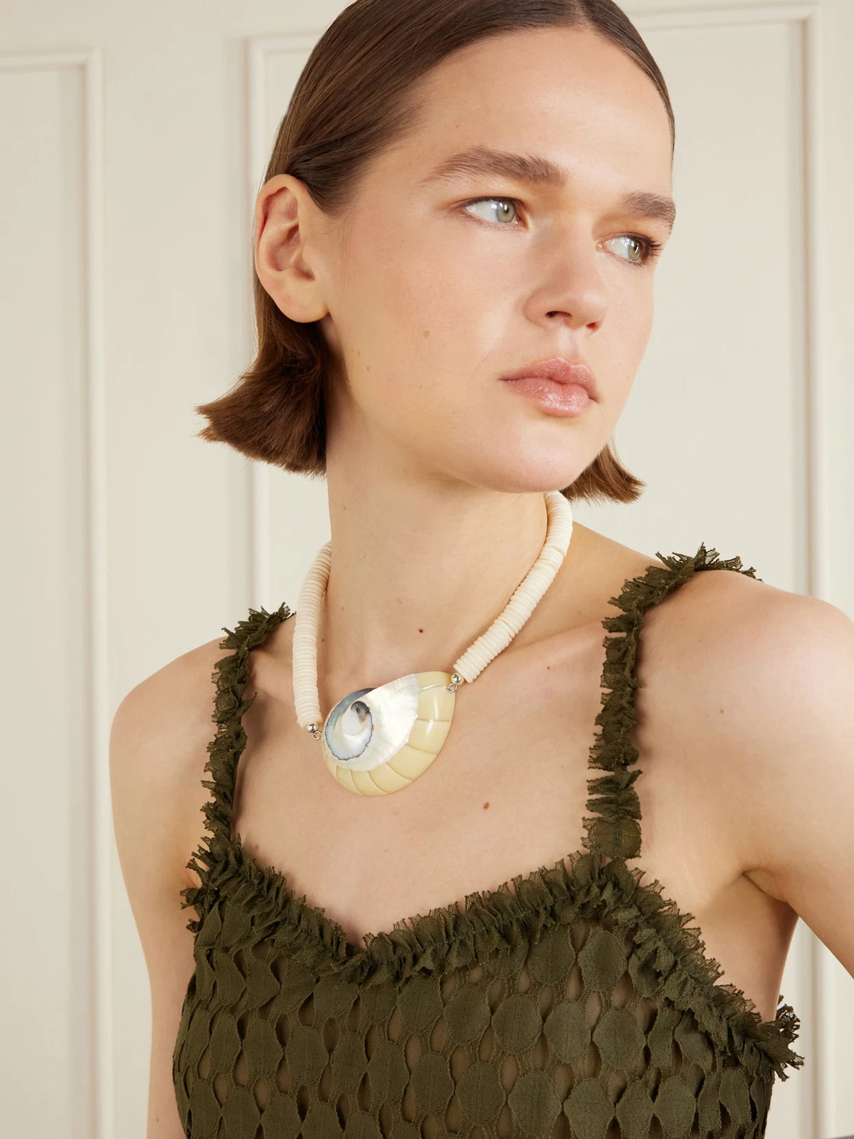 Image of Necklaces. Product name - Exclusive Odessa Silver-tone Shell Beaded Necklace in Ivory colour by brand - Julietta