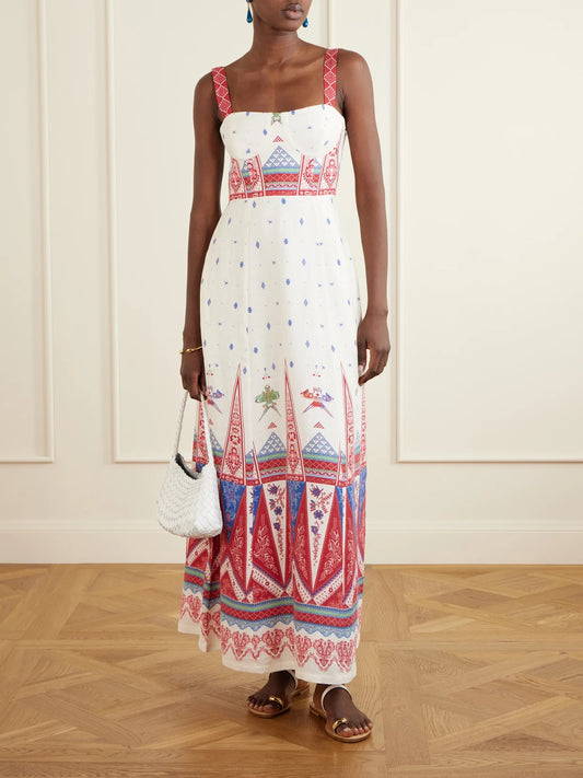Image of Dresses. Product name - Azzurra Printed Linen Maxi Dress in Red colour by brand - Emporio Sirenuse