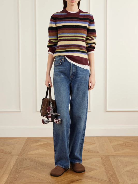 Image of a model wearing Outerwear. Product name - Elena Striped Cashmere Sweater in Multi colour by brand - The Elder Statesman