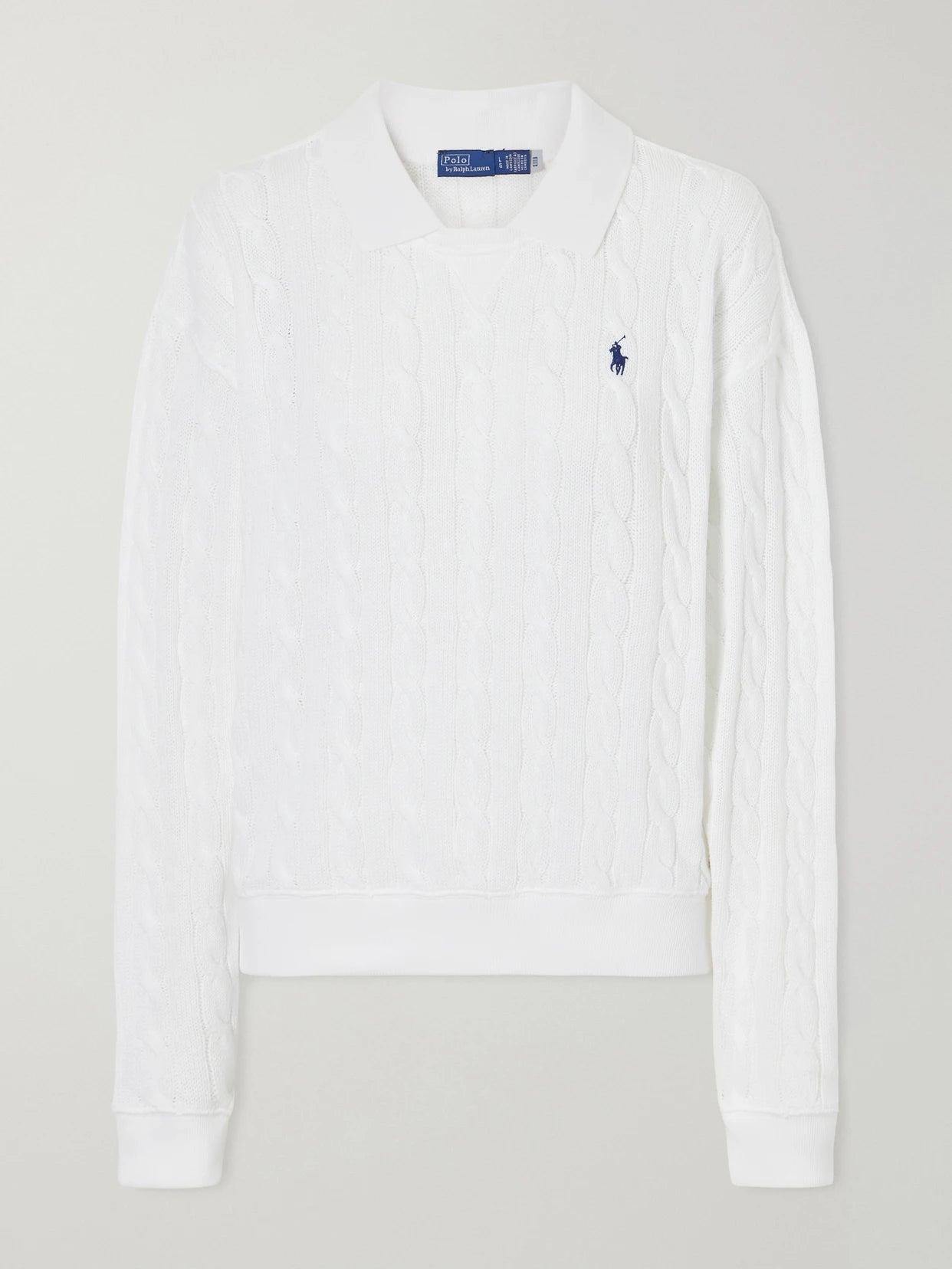 Image of a model wearing Outerwear. Product name - Cotton Cable-knit Sweater in White colour by brand - Polo Ralph Lauren