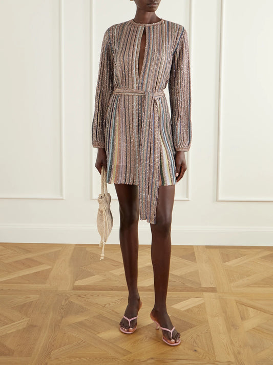Image of Dresses. Product name - Cut-out Sequin-embellished Belted Metallic Crochet-knit Mini Dress in Pink colour by brand - Missoni