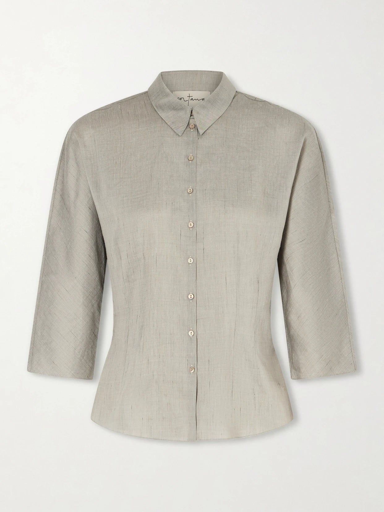 Image of a model wearing Tops. Product name - Theresa Dupioni Shirt in Gray colour by brand - Cortana