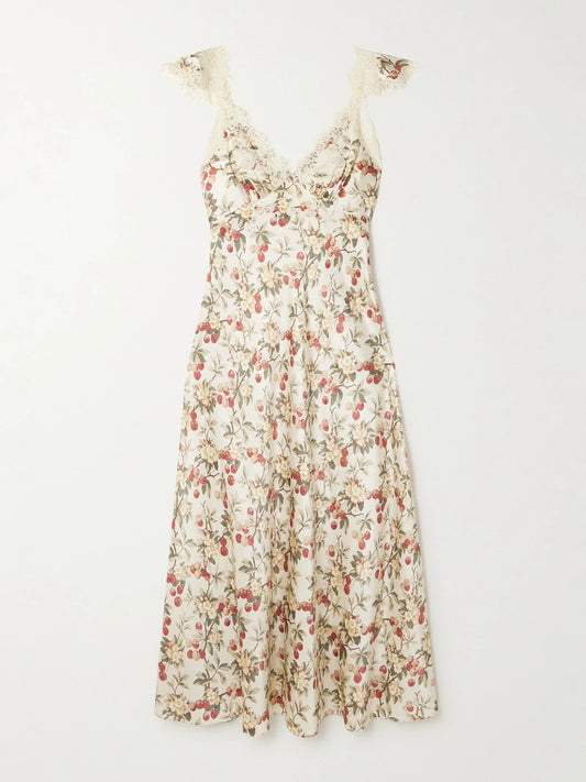 Image of Dresses. Product name - Fiona Lace-trimmed Floral-print Silk-satin Midi Dress in Multi colour by brand - DÔEN