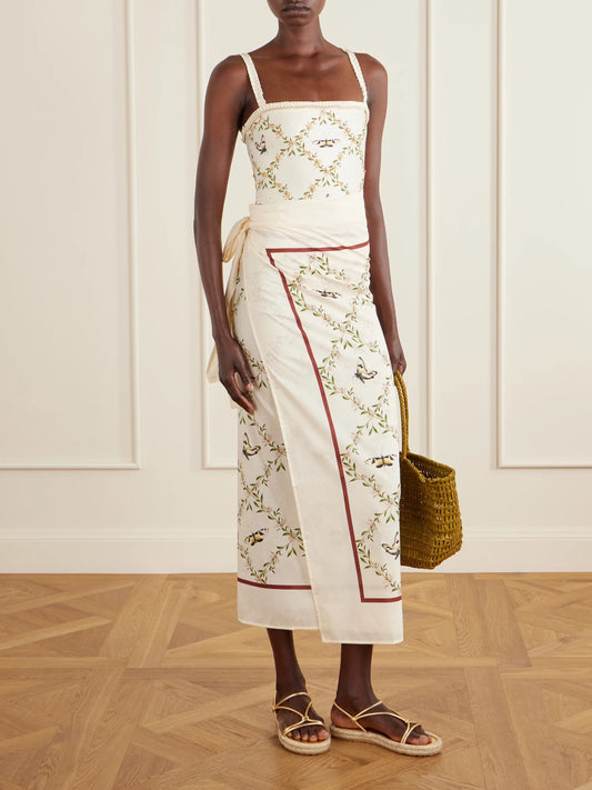 Image of Swimwear. Product name - Floral-print Wrap Cotton And Silk-blend Coverup in Cream colour by brand - Agua by Agua Bendita