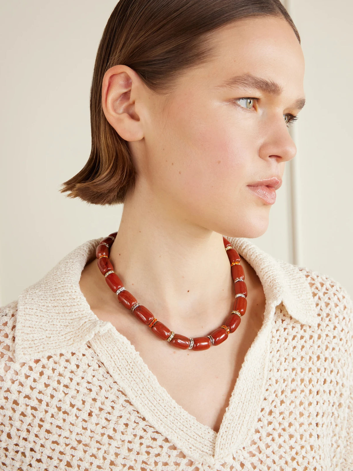 Image of Necklaces. Product name - Rhodium-plated Jasper Necklace in Red colour by brand - Julietta