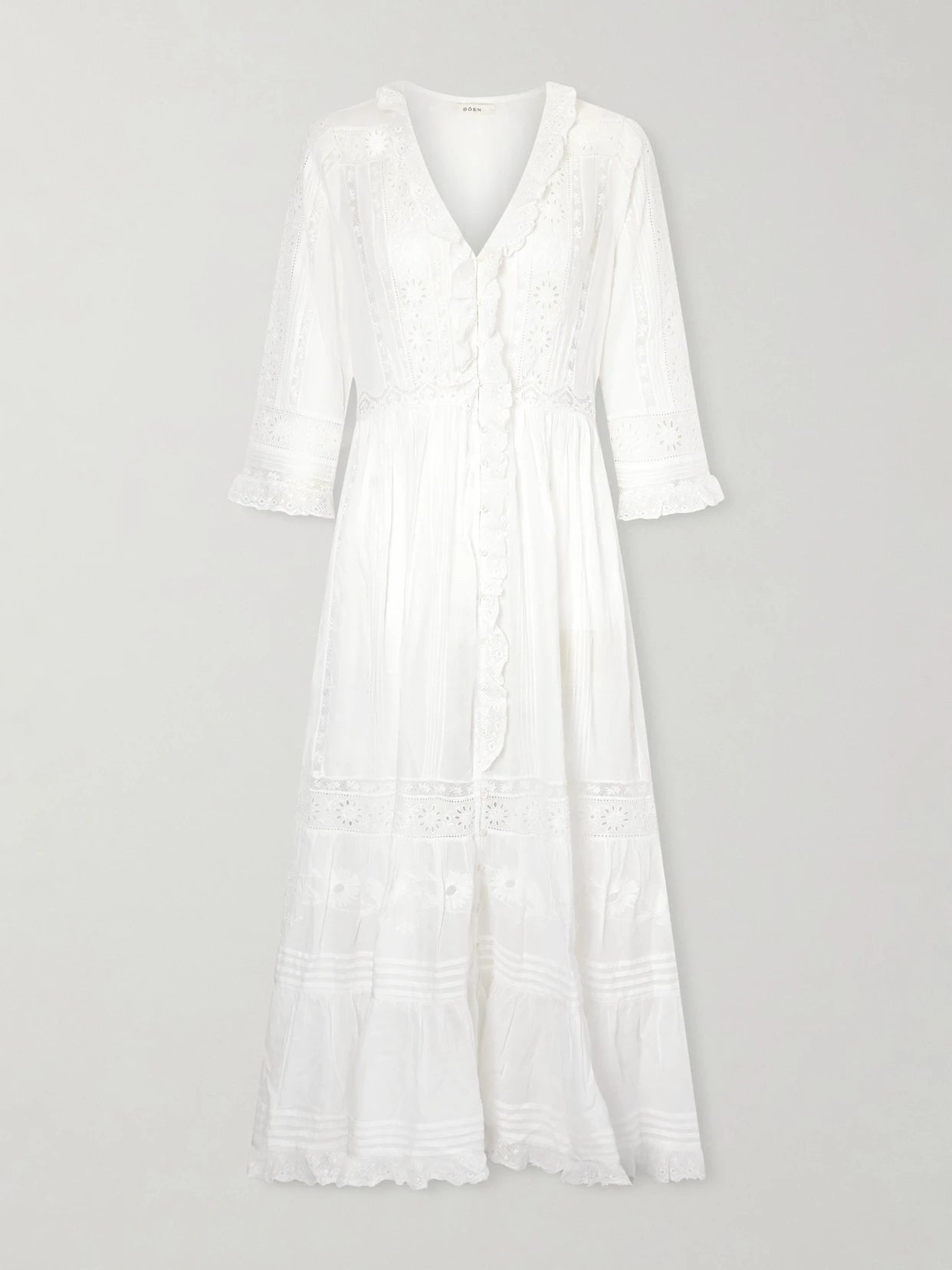 Image of Dresses. Product name - Clemencia Ruffled Lace-trimmed Organic Cotton-voile Midi Dress in White colour by brand - DÔEN