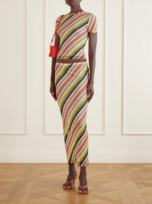 Image of Outfit Sets. Product name - Retro Stripe Printed Mesh Top in Yellow colour by brand - Jean Paul Gaultier