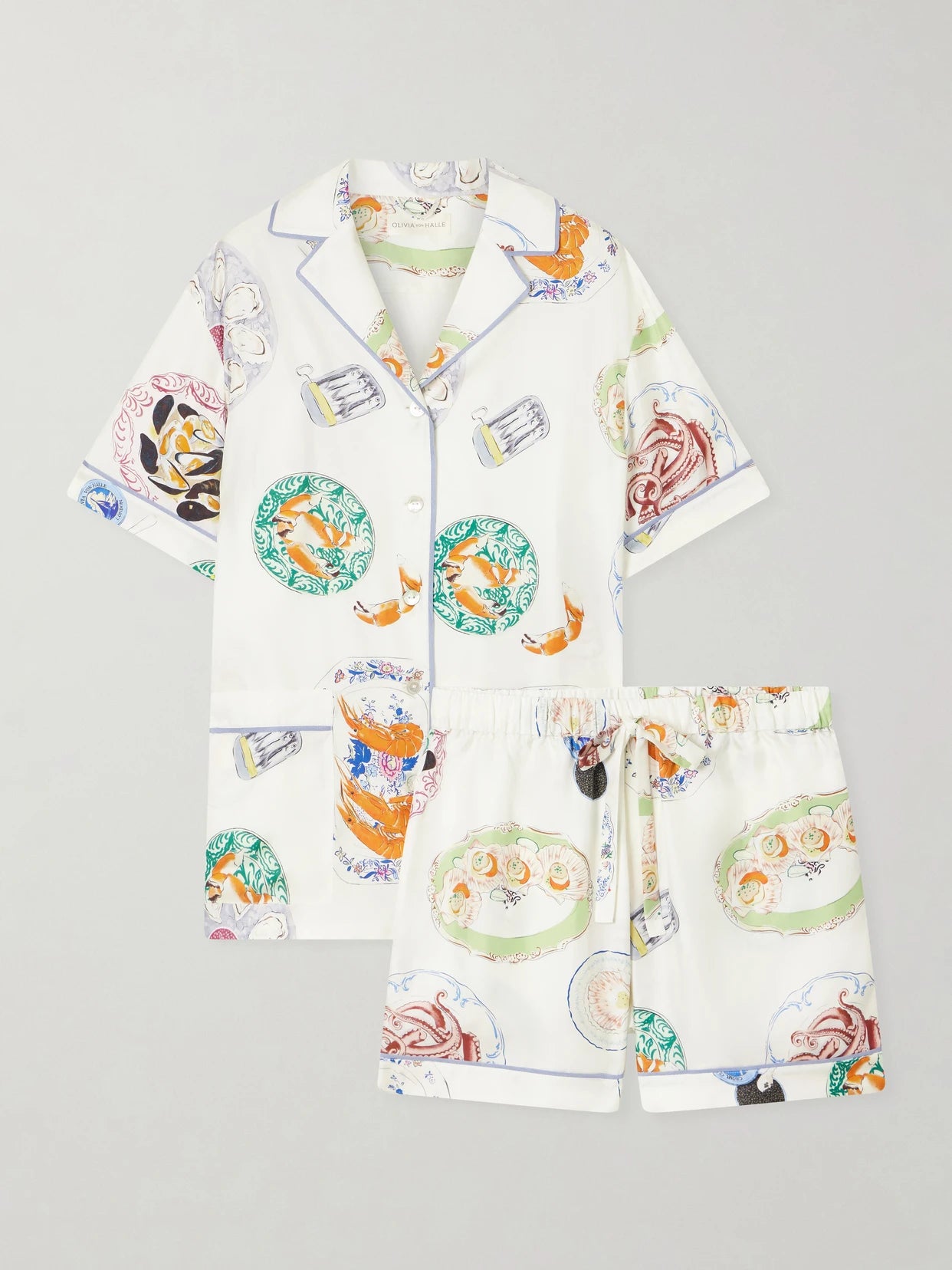 Image of Lingerie. Product name - Ingo Printed Silk-satin Pajama Set in White colour by brand - Olivia von Halle