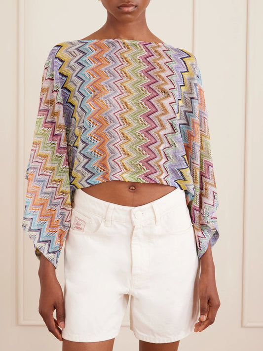 Striped Cropped Metallic Crochet-knit Top