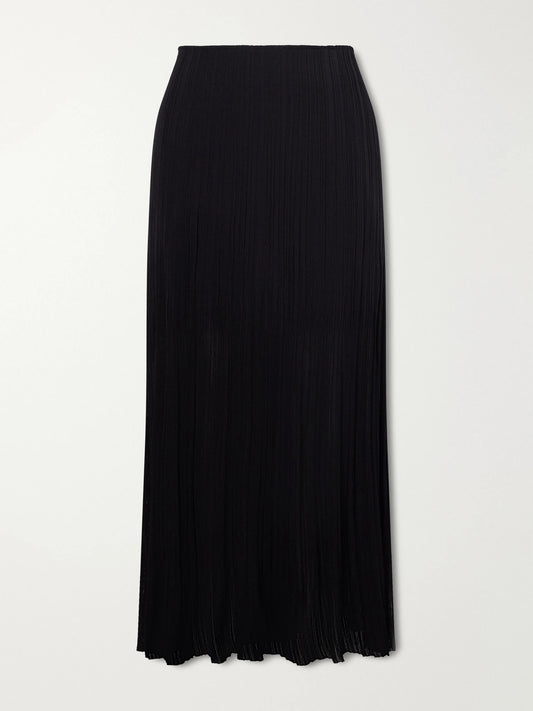 Image of a model wearing Skirts. Product name - Plissé-crepe Midi Skirt in Black colour by brand - Balmain