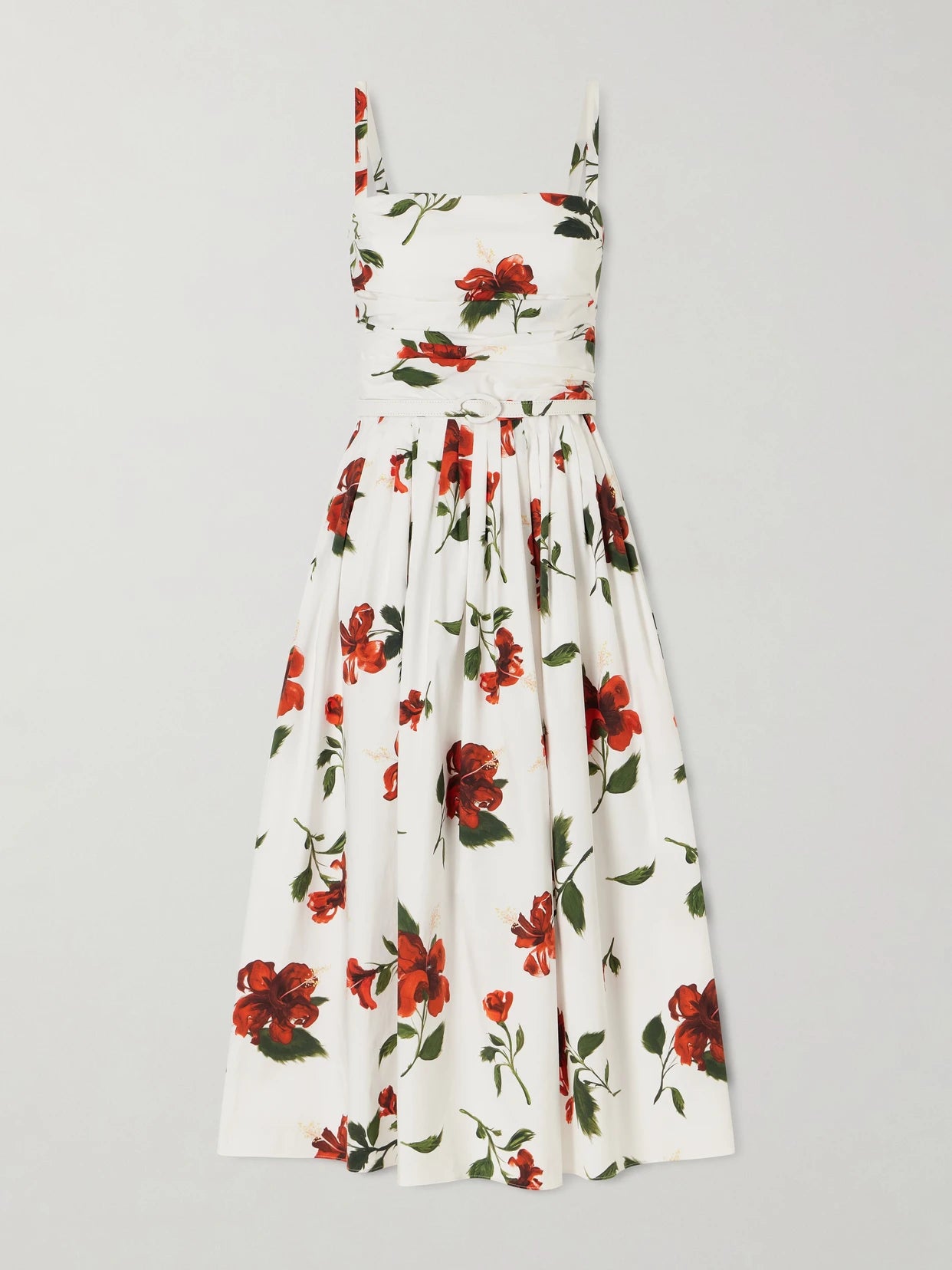 Image of Dresses. Product name - Belted Pleated Floral-print Cotton-blend Poplin Midi Dress in White colour by brand - Oscar de la Renta
