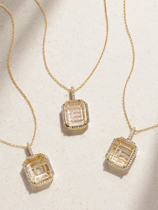 Initial 14-karat Gold, Quartz And Diamond Necklace