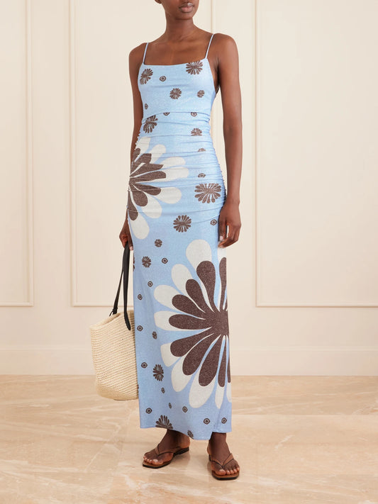 Kim Ruched Printed Metallic Jersey Maxi Dress