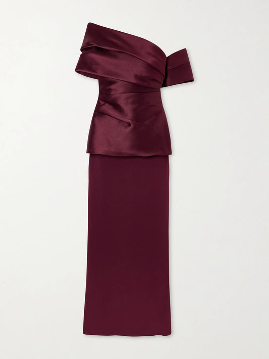 Image of Dresses. Product name - Lucine Off-the-shoulder Satin-twill Gown in Dark purple colour by brand - Solace London