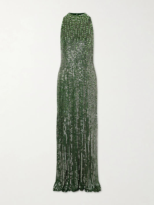 Image of Dresses. Product name - Benue Sequined Mesh Halterneck Gown in Green colour by brand - Jenny Packham