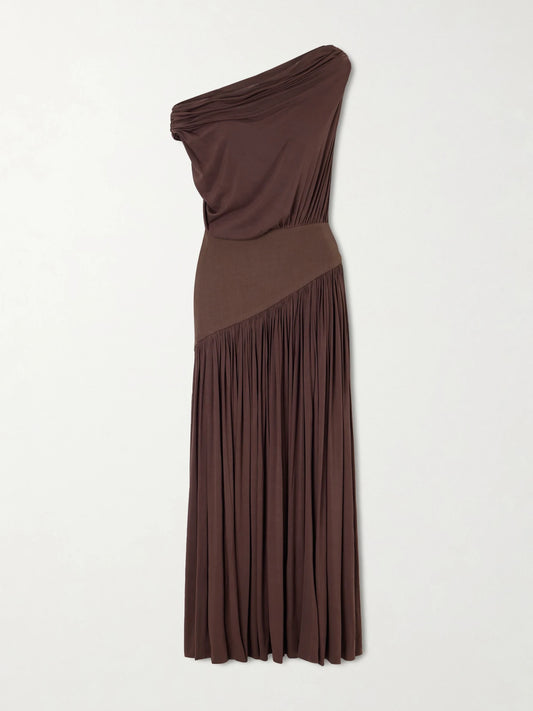 Gwen One-shoulder Asymmetric Draped Jersey-trimmed Stretch-bamboo Maxi Dress