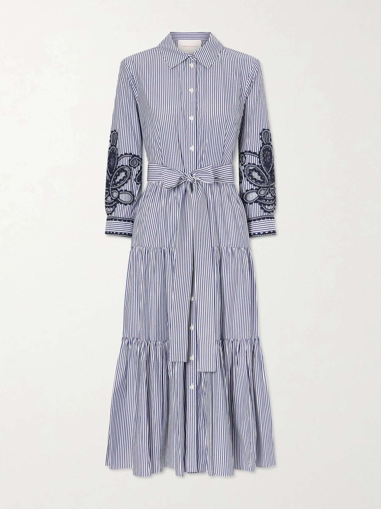 Belted Tiered Embroidered Striped Cotton-poplin Midi Dress