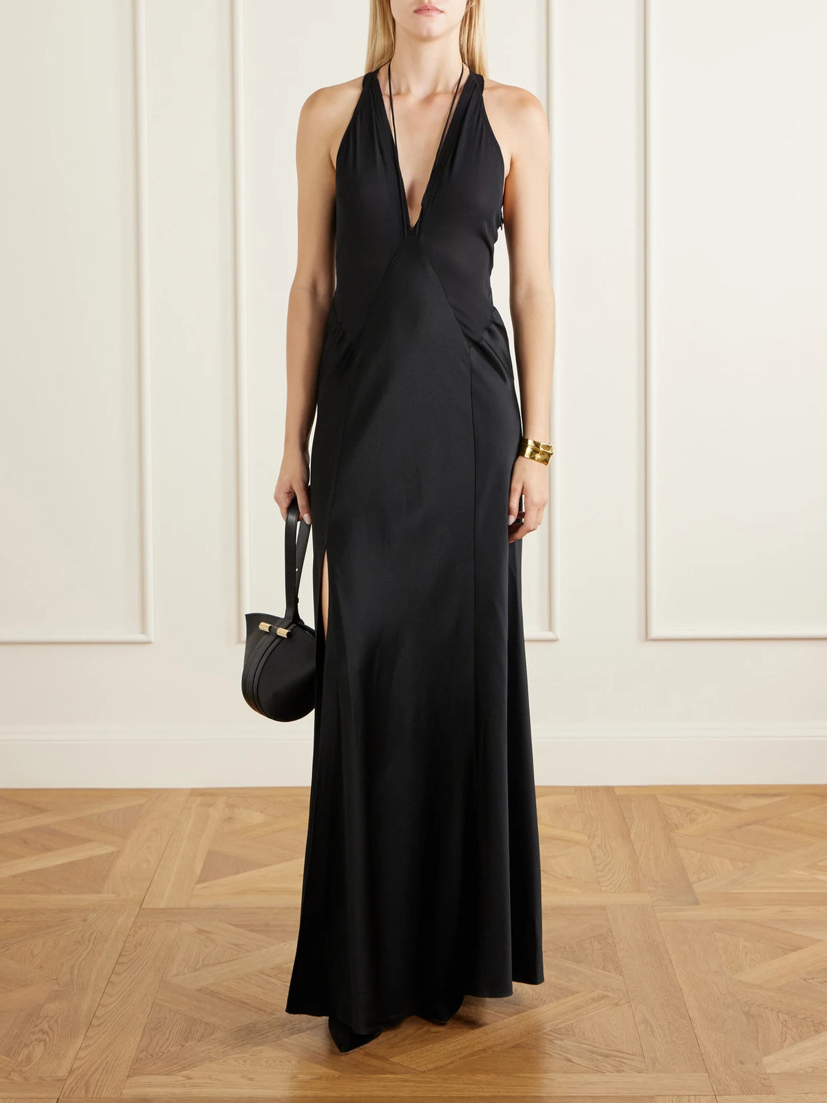 Image of Dresses. Product name - Paneled Satin Halterneck Gown in Black colour by brand - Victoria Beckham