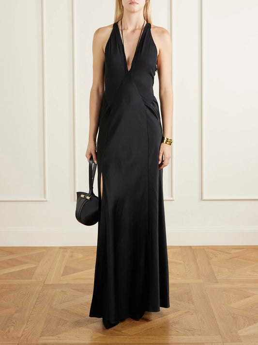 Image of Dresses. Product name - Paneled Satin Halterneck Gown in Black colour by brand - Victoria Beckham