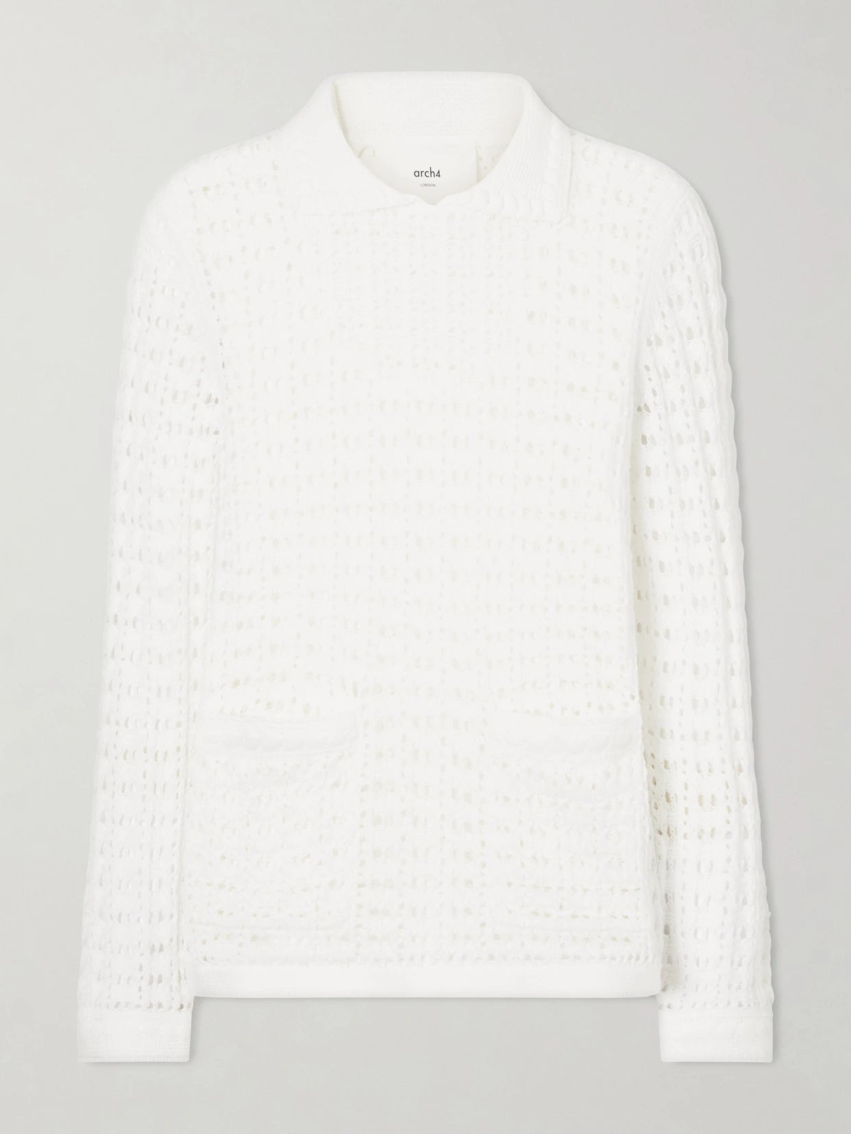 Image of a model wearing Outerwear. Product name - Sunny Crocheted Cotton Sweater in White colour by brand - Arch4