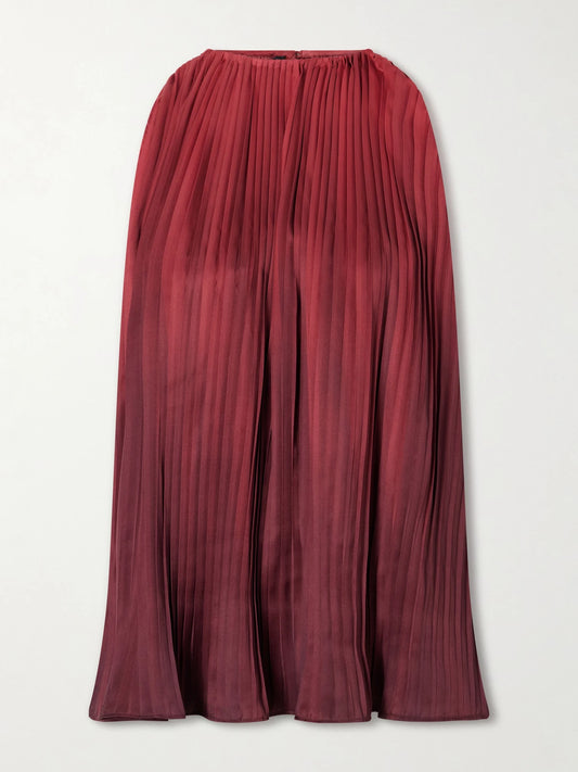 Image of a model wearing Tops. Product name - Ombré Plissé-taffeta Top in Burgundy colour by brand - Dima Ayad