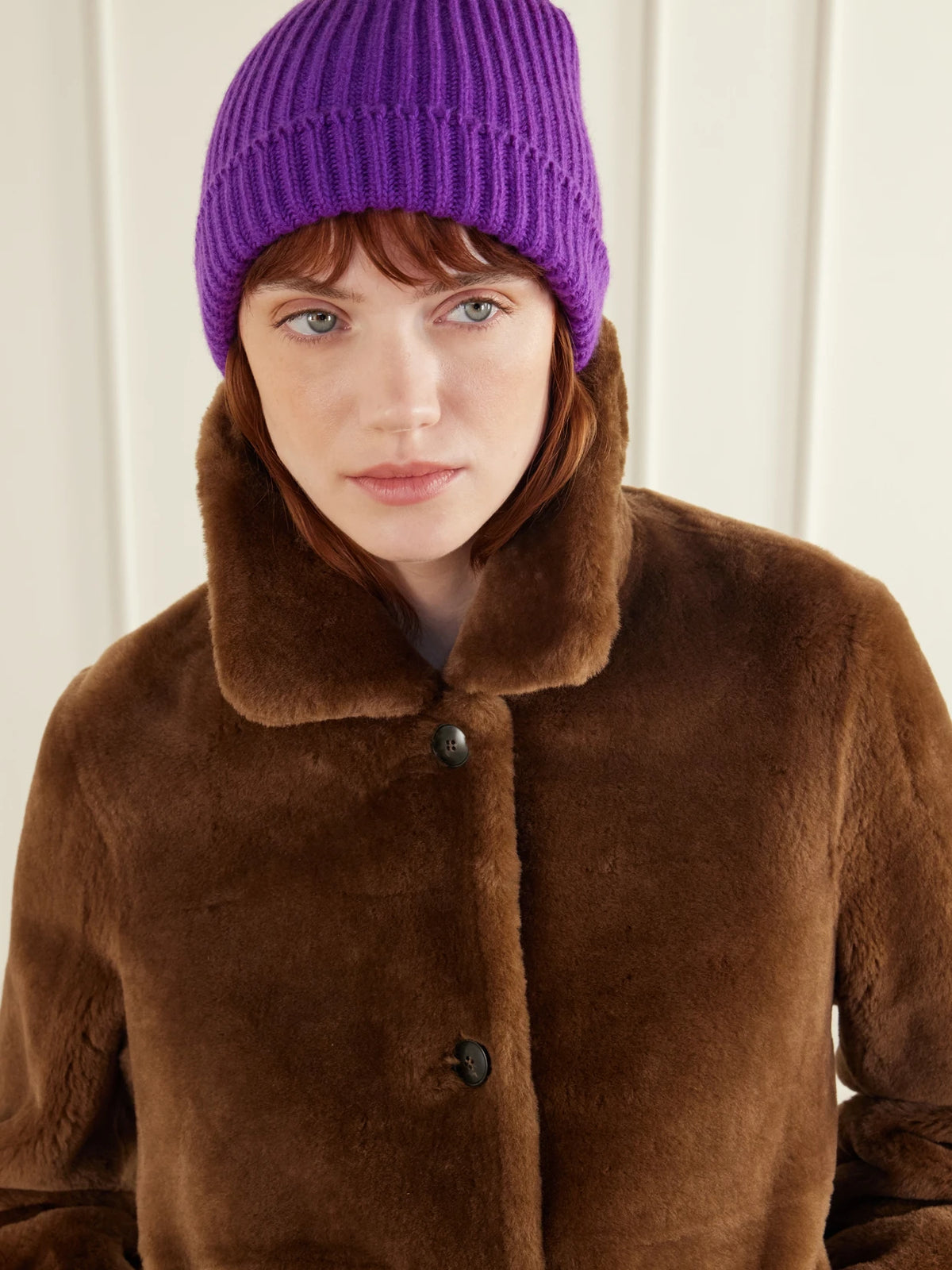 Image of Hats. Product name - Lovat Cashmere Beanie in Purple colour by brand - Johnstons of Elgin