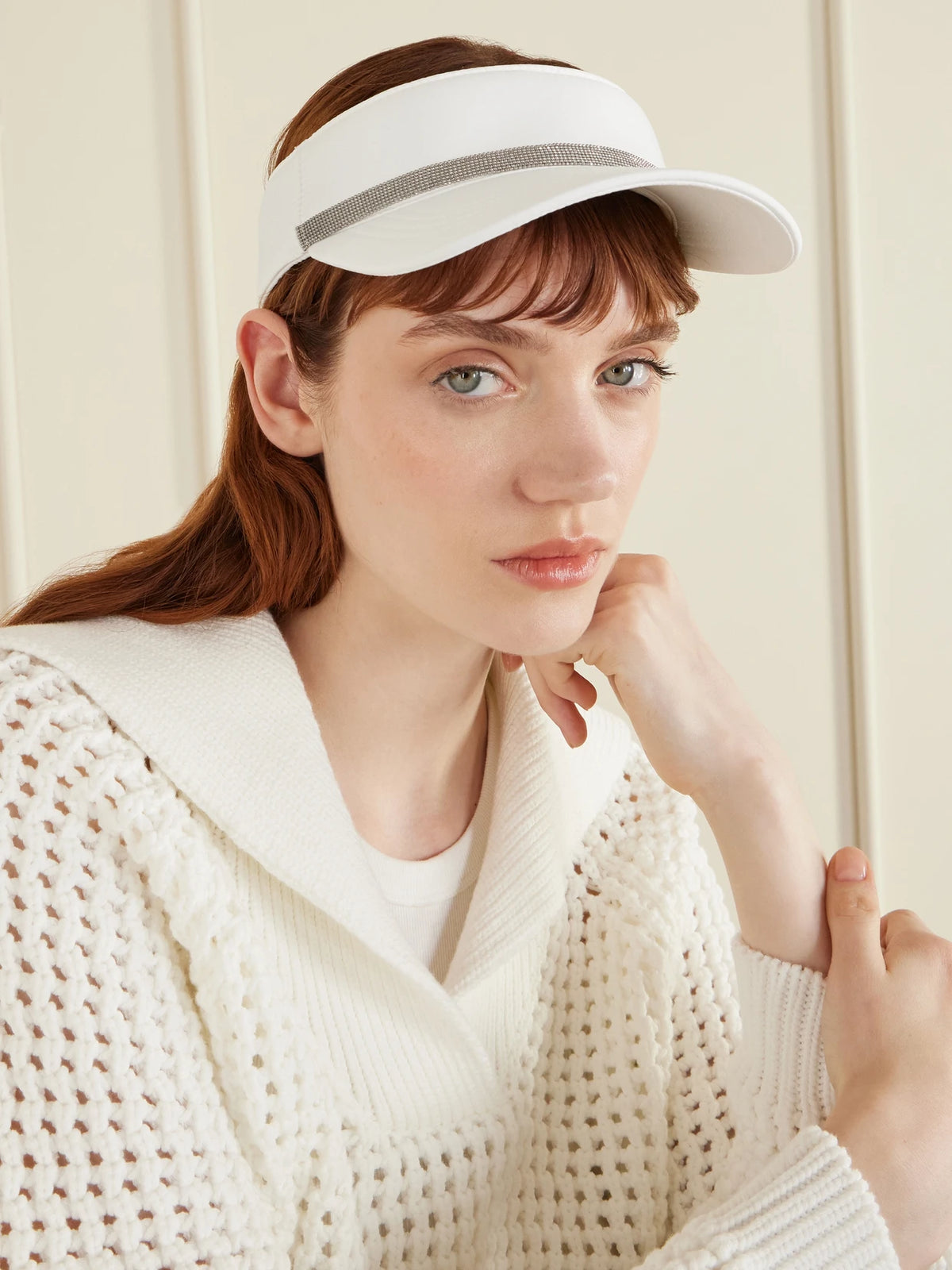 Image of Hats. Product name - Embellished Nylon Visor in White colour by brand - Brunello Cucinelli