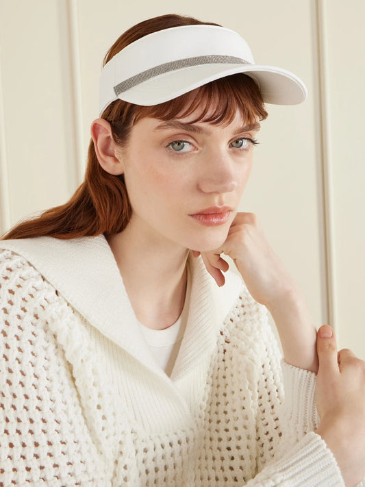 Image of Hats. Product name - Embellished Nylon Visor in White colour by brand - Brunello Cucinelli