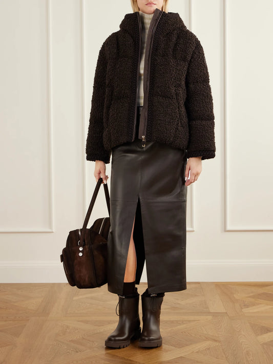 Image of Coats & Jackets. Product name - Cristallin Shell-trimmed Wool-blend Bouclé Jacket in Chocolate colour by brand - Moncler