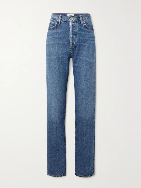 Image of Jeans. Product name - + Net Sustain 90's Pinch Waist Long High-rise Straight-leg Organic Jeans in Dark denim colour by brand - AGOLDE
