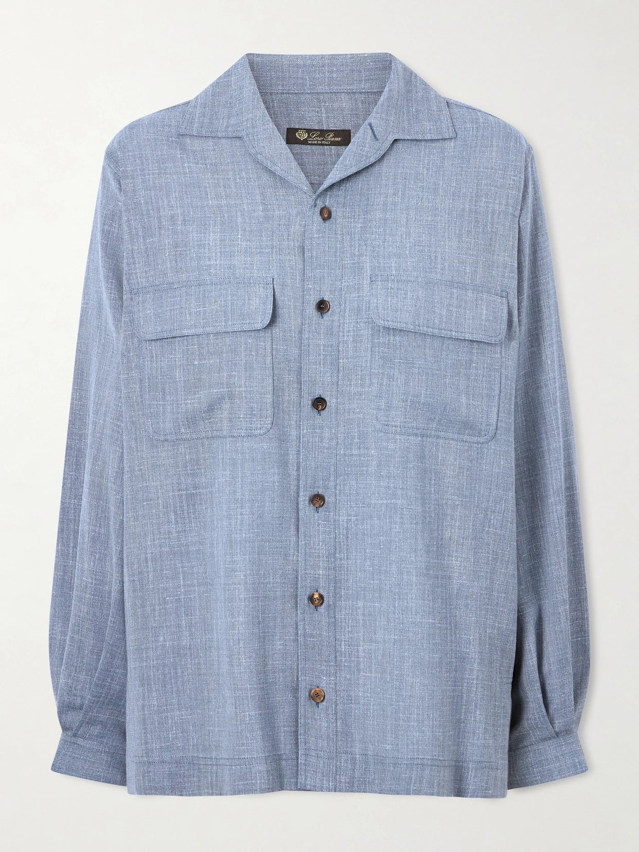 Image of a model wearing Tops. Product name - Ida Wool, Silk And Linen-blend Shirt in Light blue colour by brand - Loro Piana