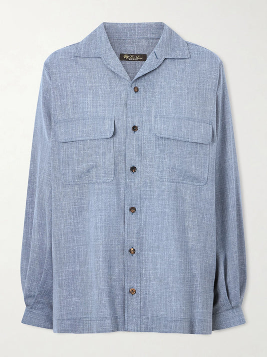 Image of a model wearing Tops. Product name - Ida Wool, Silk And Linen-blend Shirt in Light blue colour by brand - Loro Piana