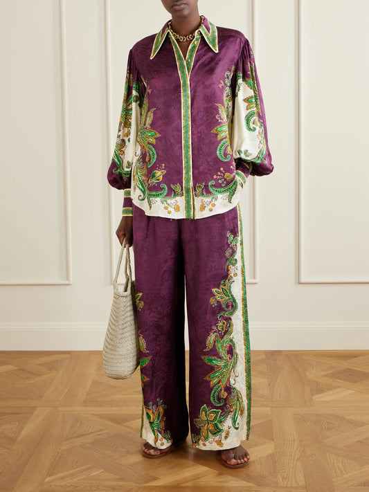 Image of Outfit Sets. Product name - Ruthie Printed Satin-jacquard Wide-leg Pants in Multi colour by brand - ALÉMAIS