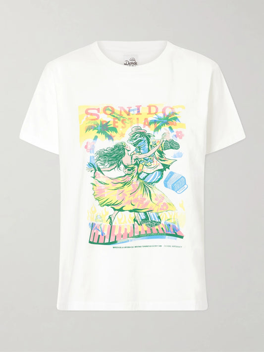 Image of a model wearing Tops. Product name - Sonido Bestial Printed Cotton-jersey T-shirt in White colour by brand - Donde Esteban