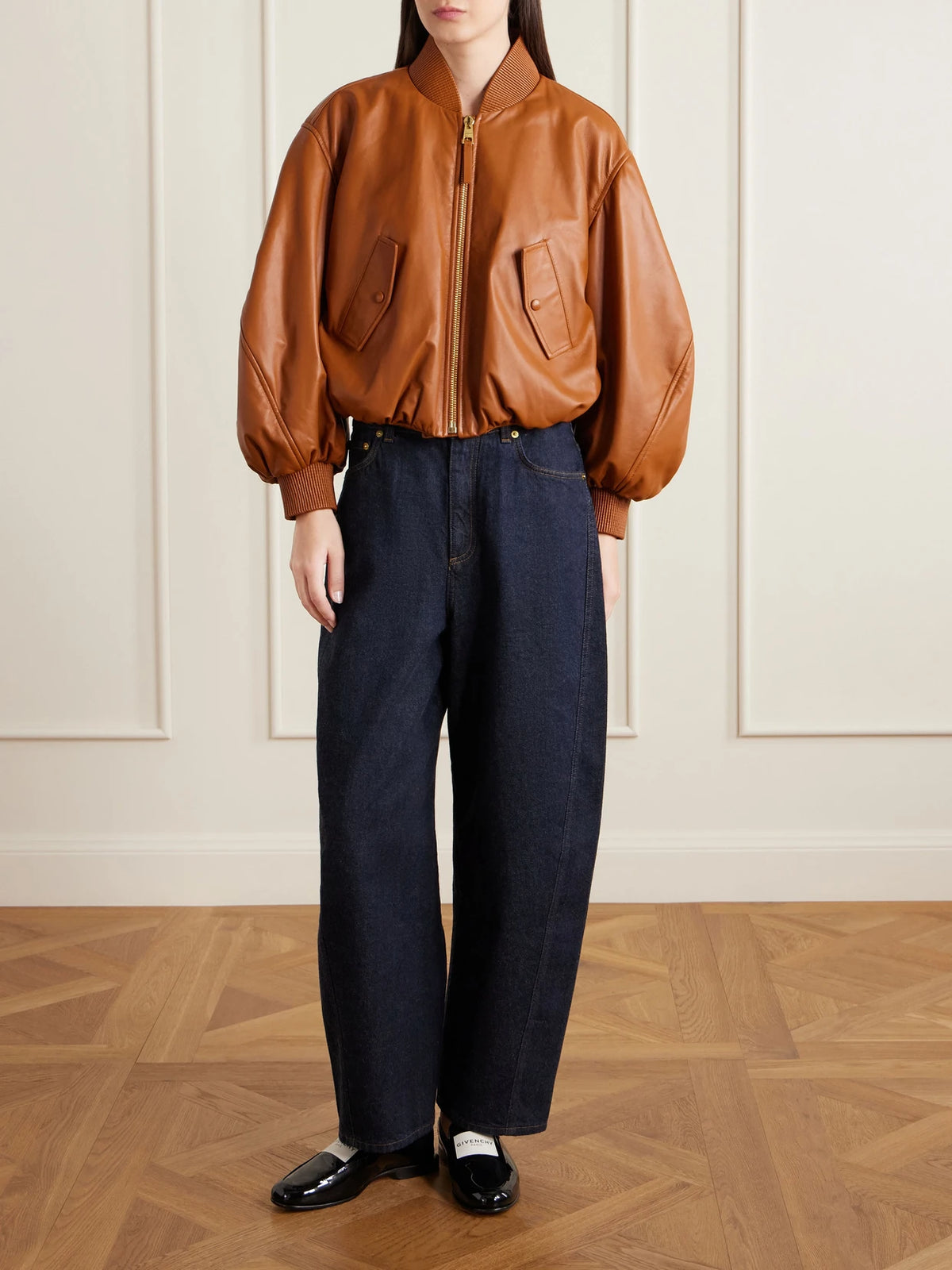 Image of Coats & Jackets. Product name - Padded Leather Bomber Jacket in Tan colour by brand - Givenchy