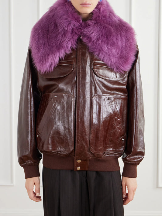 RABANNE Shearling-trimmed Leather Bomber Jacket