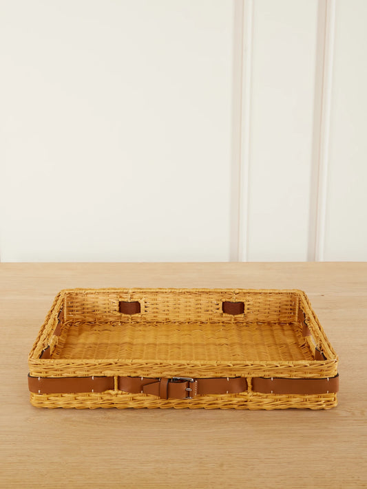 Bailey Leather-trimmed Rattan Tray